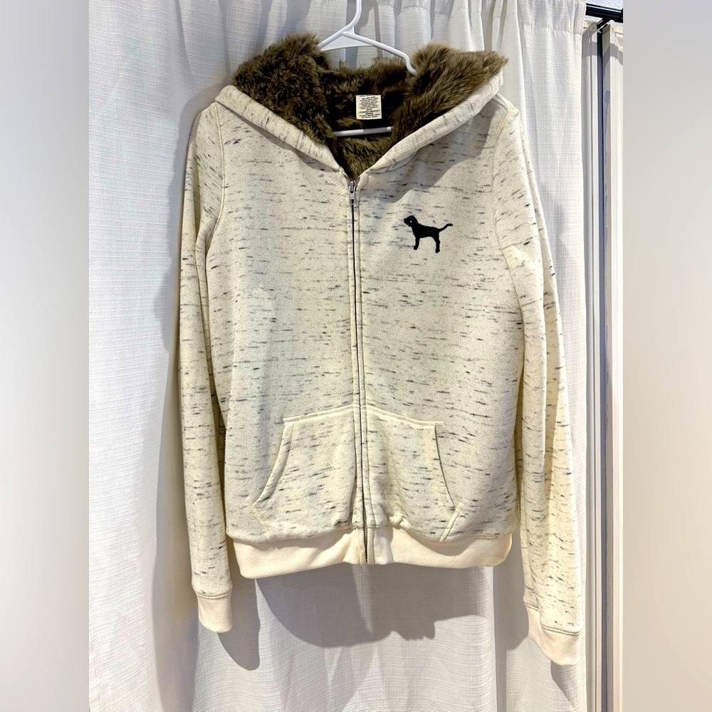PINK fur lined zip up hoodie with black sequins